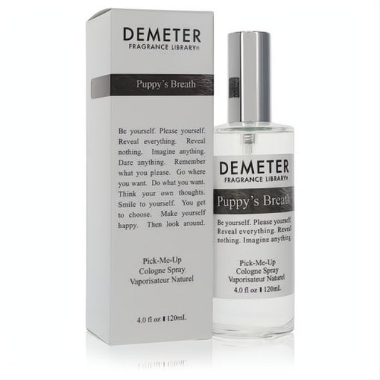Demeter Puppy's Breath 4 oz unisex cologne spray in a clear glass bottle with a silver cap, presented with its elegant white box.
