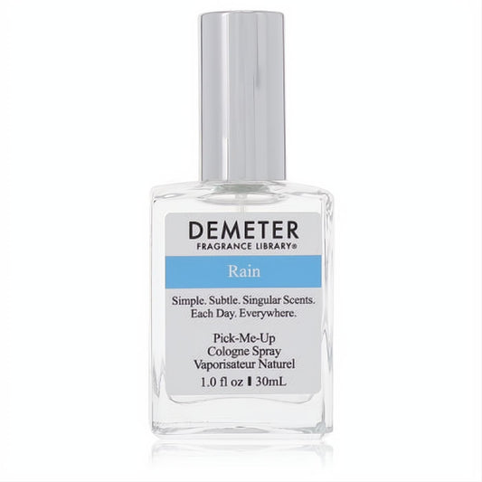 Demeter Rain 1 oz unisex cologne spray. Clear glass bottle with sleek silver cap and refreshing blue-accented label.
