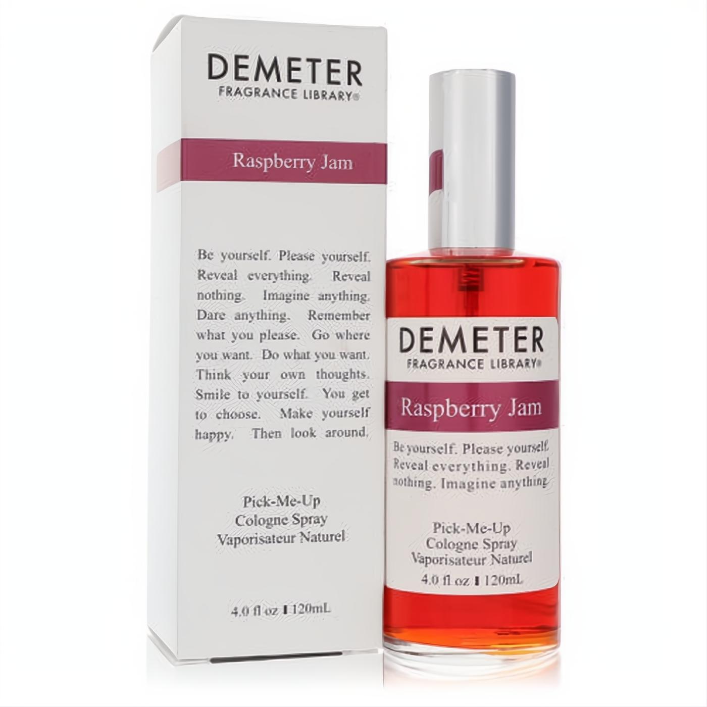Demeter Raspberry Jam 4 oz unisex cologne spray. Clear glass bottle with vibrant red liquid, silver cap, and sleek white box.
