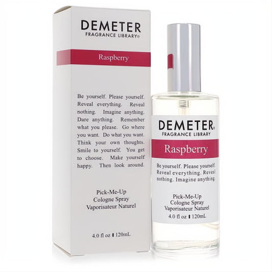 Demeter Raspberry 4 oz cologne spray. Clear glass bottle with a vibrant raspberry-pink label, presented with its clean white box.