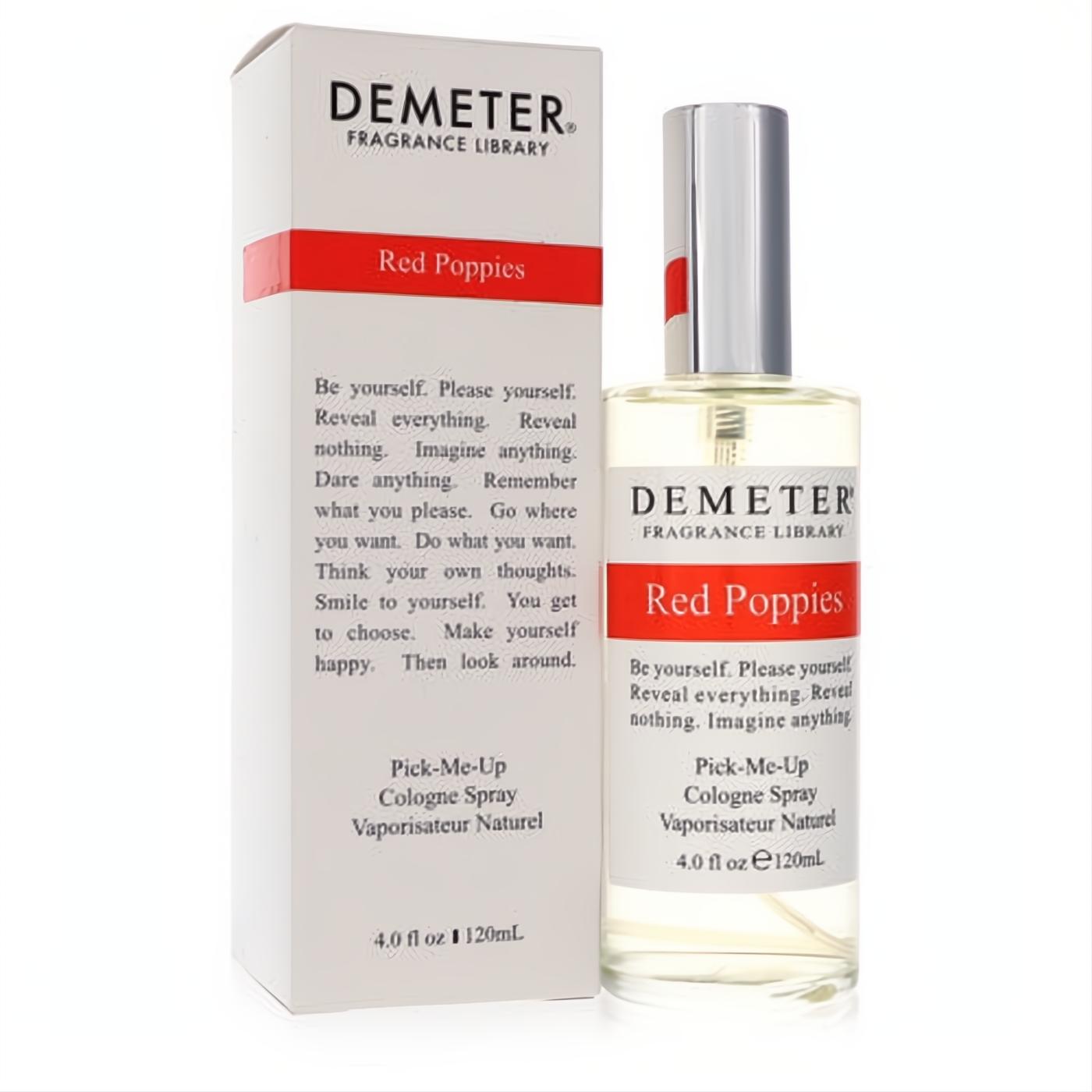 Demeter Red Poppies 4 oz cologne spray. Clear glass bottle with silver cap and vibrant red label, displayed with its elegant white box.