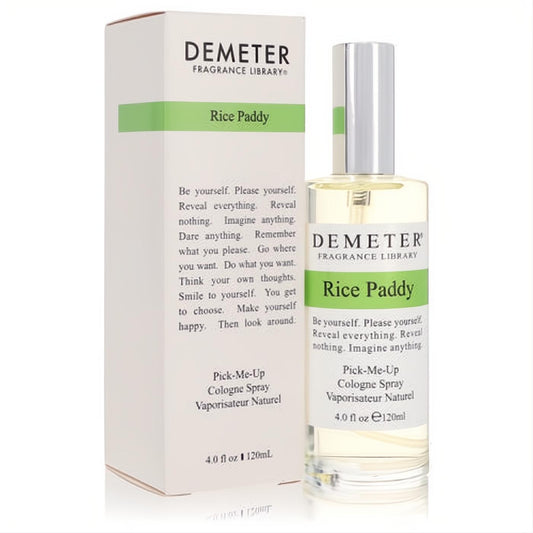 Fresh Demeter Rice Paddy 4 oz cologne spray. Sleek clear bottle, silver cap, and matching white box with vibrant green text.