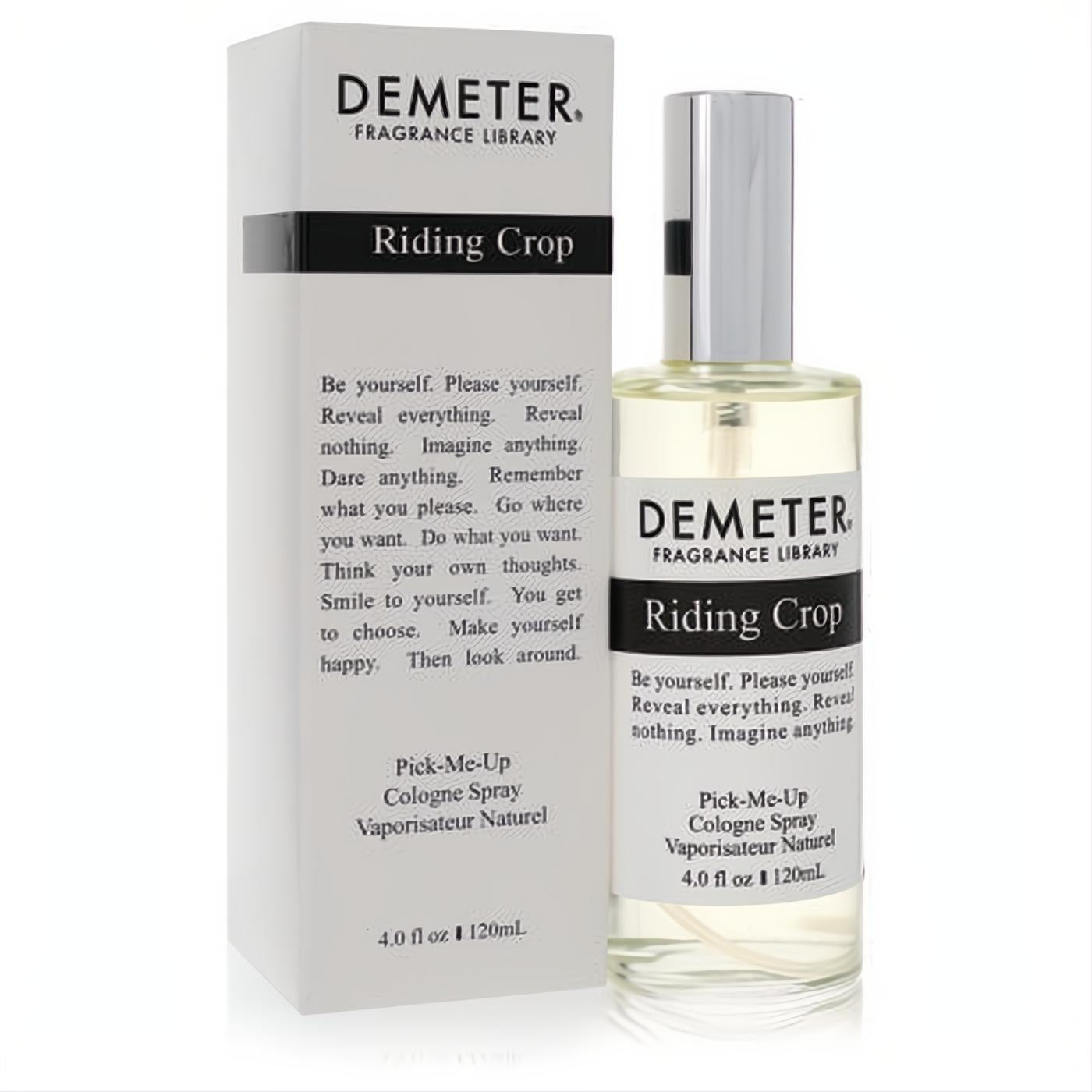 Demeter Riding Crop 4 oz cologne spray in a sleek clear glass bottle with a silver cap, presented with its elegant white box.