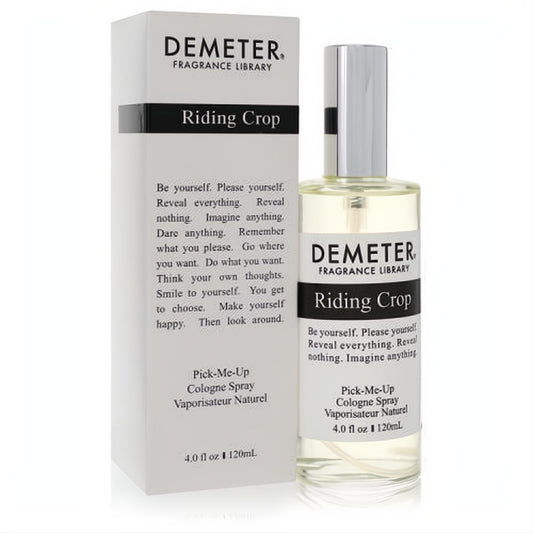 Demeter Riding Crop 4 oz cologne spray in a sleek clear glass bottle with a silver cap, presented with its elegant white box.