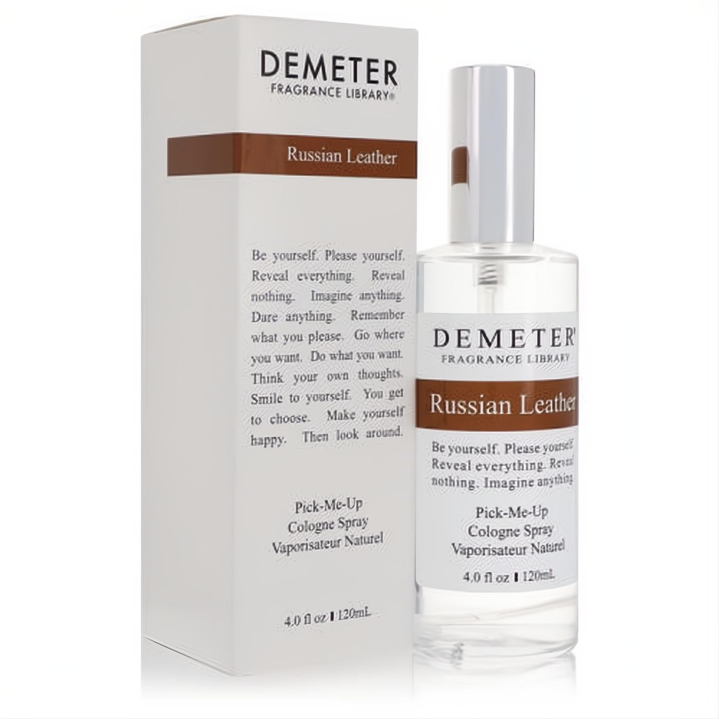 Elegant Demeter Russian Leather 4 oz cologne spray: clear bottle with silver cap, presented with its sleek white and brown box.