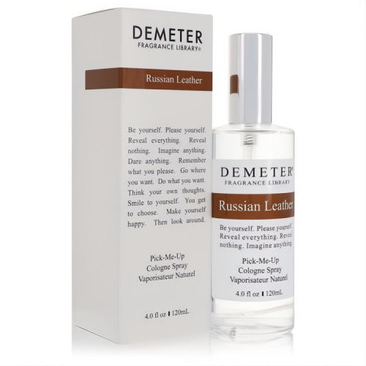 Elegant Demeter Russian Leather 4 oz cologne spray: clear bottle with silver cap, presented with its sleek white and brown box.