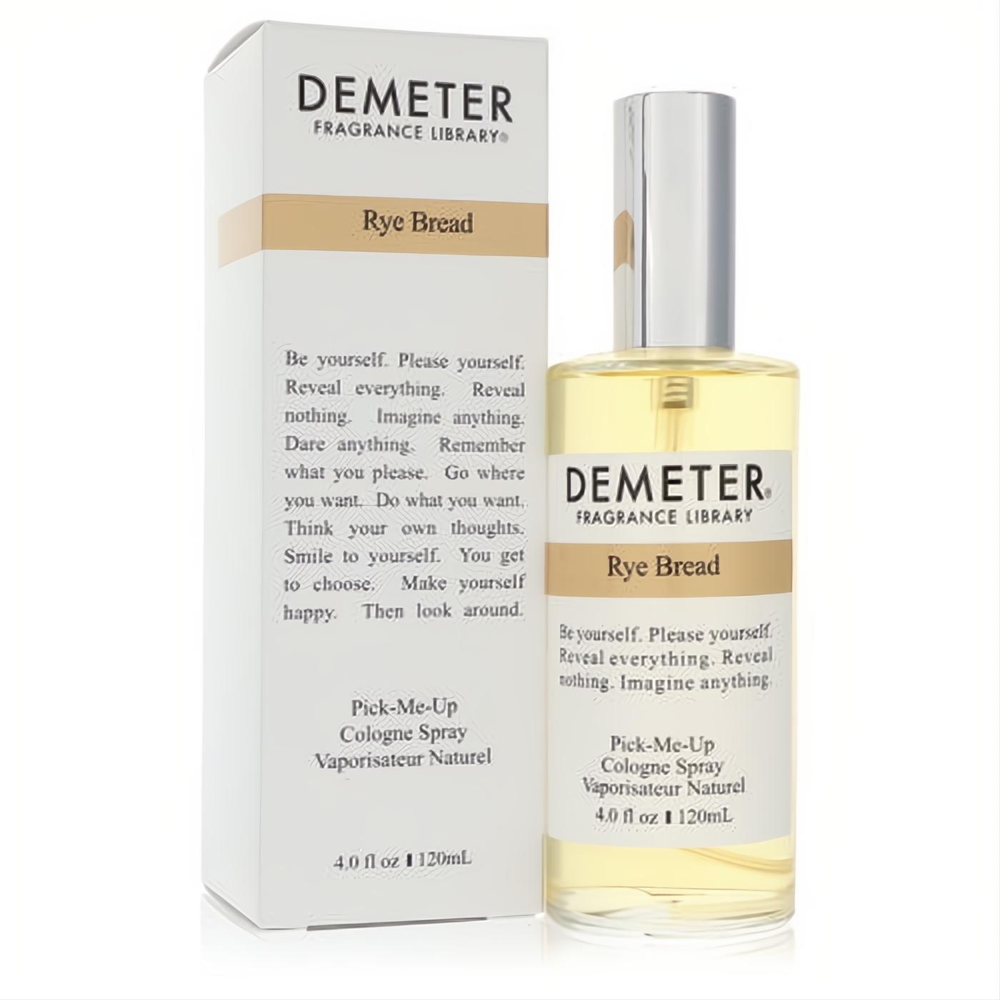 Demeter Rye Bread 4 oz unisex cologne spray. Elegant clear glass bottle with silver cap, displayed with its white and gold-banded box.