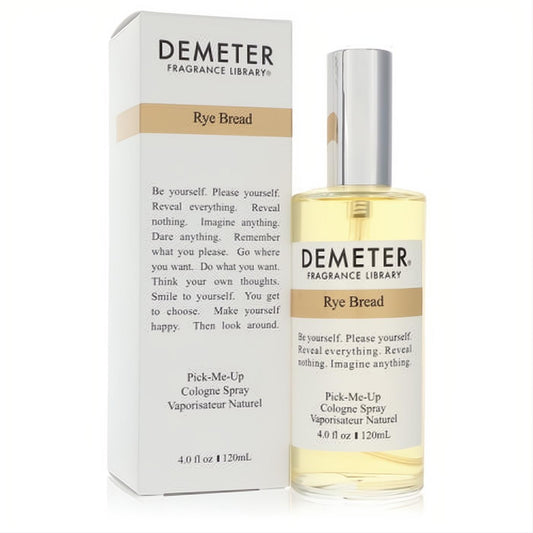 Demeter Rye Bread 4 oz unisex cologne spray. Elegant clear glass bottle with silver cap, displayed with its white and gold-banded box.