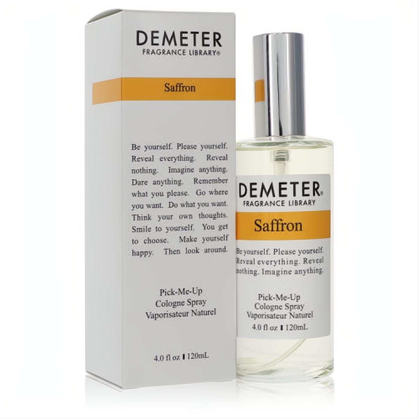 Experience Demeter Saffron 4 oz unisex cologne. Clear glass spray bottle, silver cap, white label with orange band, and matching box.