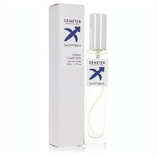 Demeter Sagittarius 1.7 oz EDT spray. Sleek clear bottle with silver cap and white box, featuring the bold blue zodiac symbol.