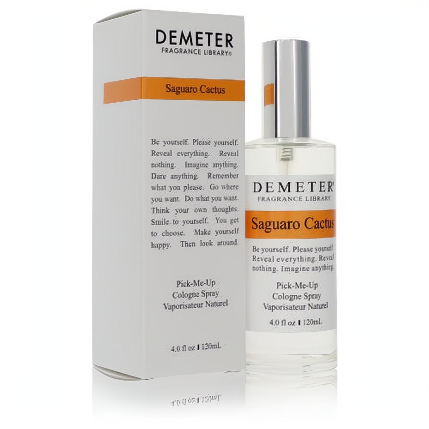 Energizing Demeter Saguaro Cactus 4 oz unisex cologne spray. Clear glass bottle with silver cap, vibrant orange label, and white box.