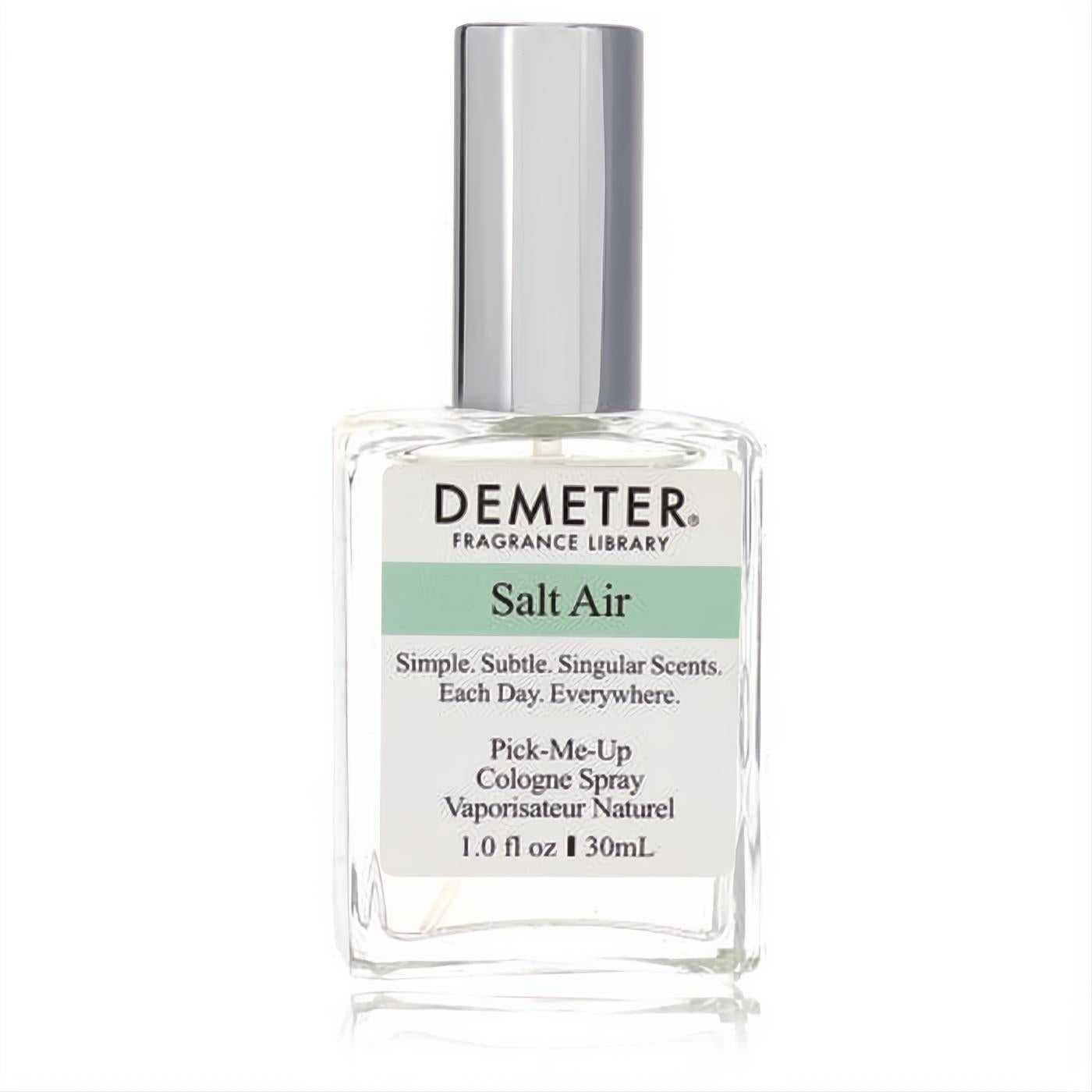 Demeter Salt Air 1 oz cologne spray. Clear glass bottle, sleek silver cap, and a vibrant green label for a fresh, aquatic scent.