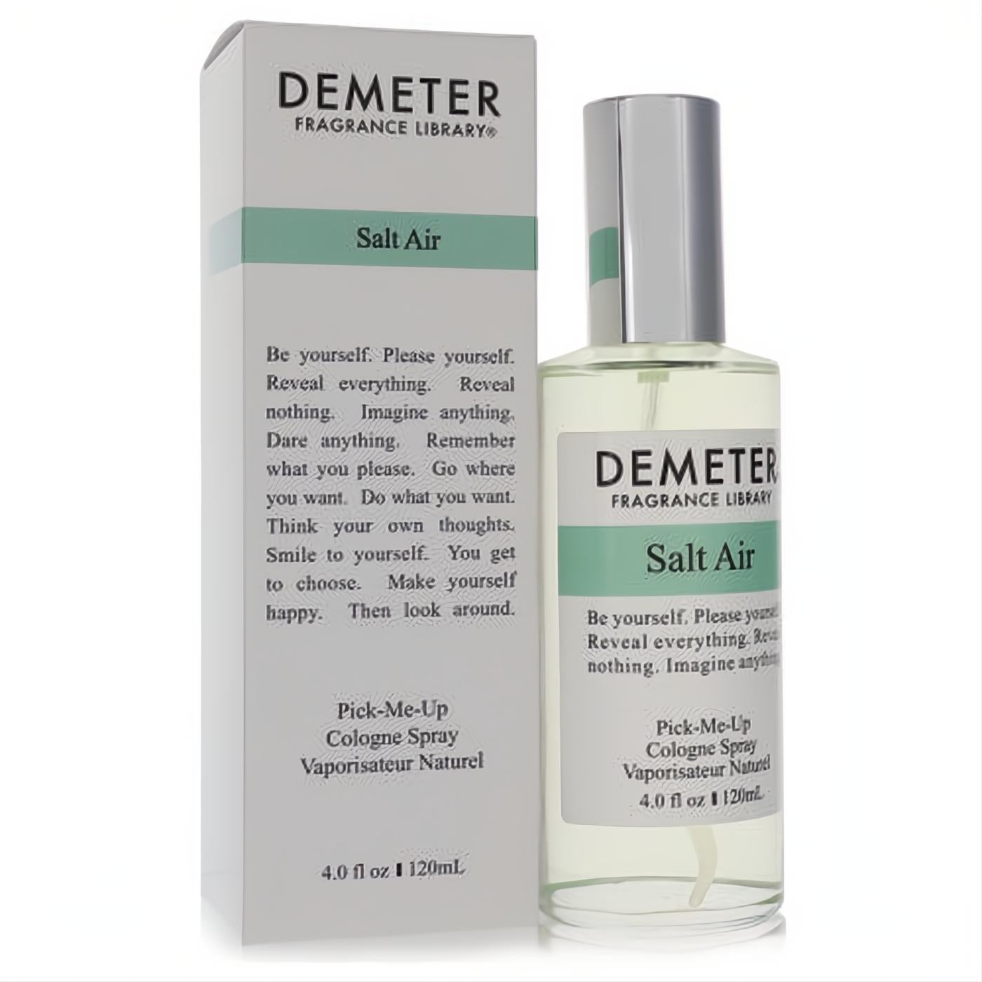 Demeter Salt Air 4 oz cologne spray. Clear glass bottle and sleek white box with 'Salt Air' on a refreshing green band.