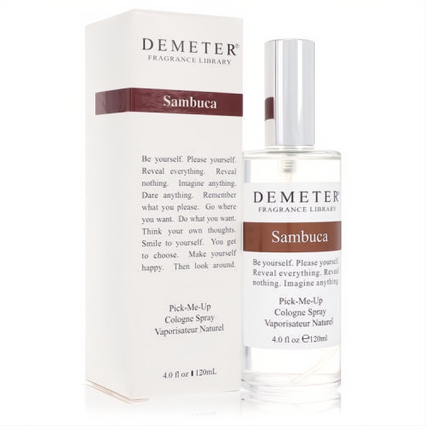 Elegant Demeter Sambuca 4 oz cologne spray: clear glass bottle, sleek silver cap, and white box with distinctive reddish-brown label.