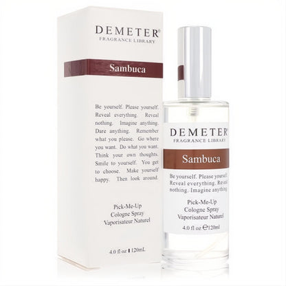 Elegant Demeter Sambuca 4 oz cologne spray: clear glass bottle, sleek silver cap, and white box with distinctive reddish-brown label.