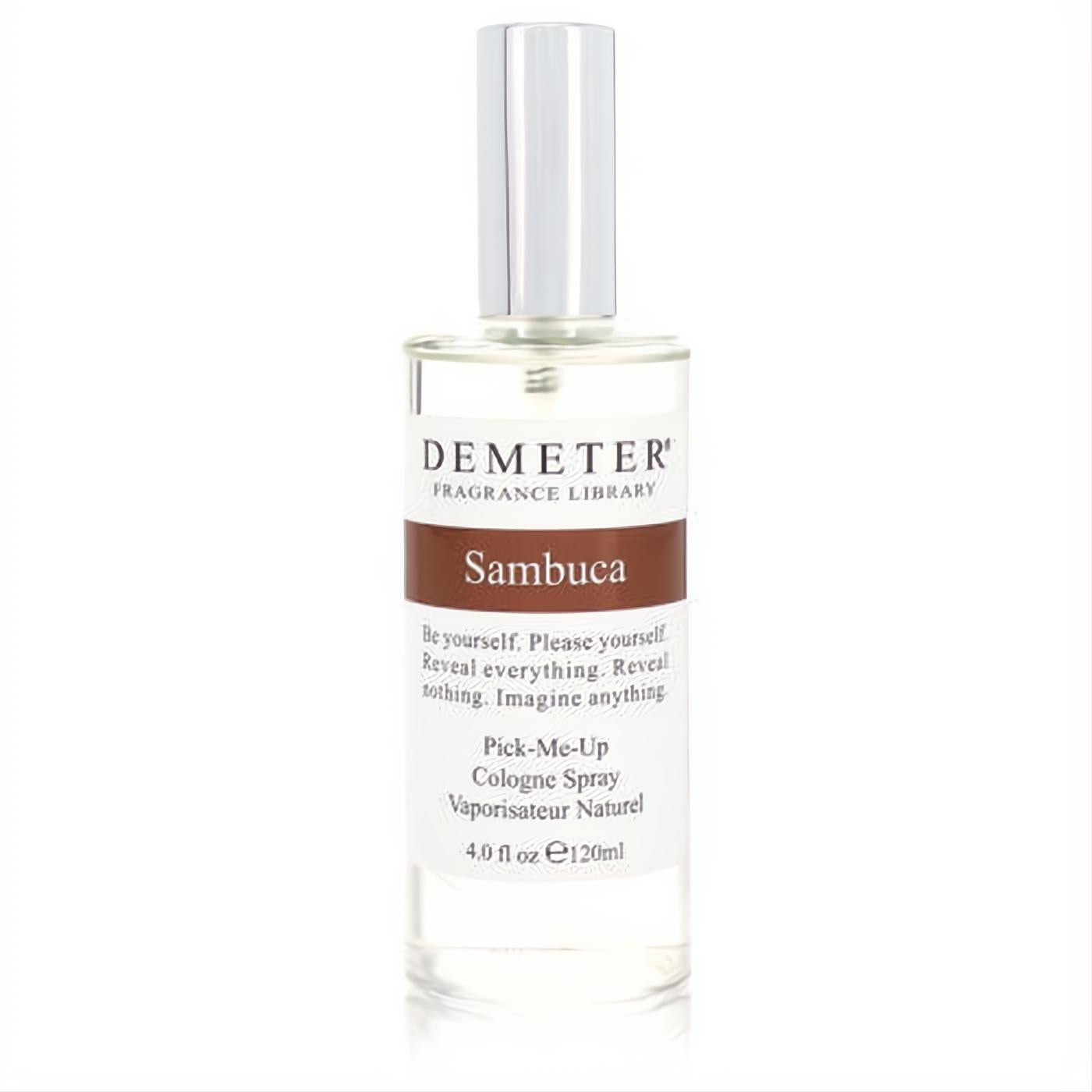 Demeter Sambuca 4 oz cologne spray in a clear glass bottle with a sleek silver cap and a distinctive brown label.