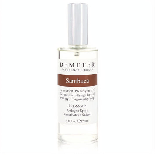 Demeter Sambuca 4 oz cologne spray in a clear glass bottle with a sleek silver cap and a distinctive brown label.