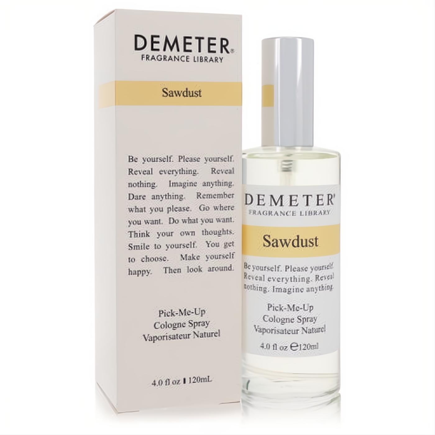 Demeter Sawdust 4 oz cologne spray: clear glass bottle with white cap, yellow label, and elegant white box.