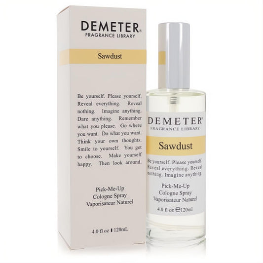 Demeter Sawdust 4 oz cologne spray: clear glass bottle with white cap, yellow label, and elegant white box.