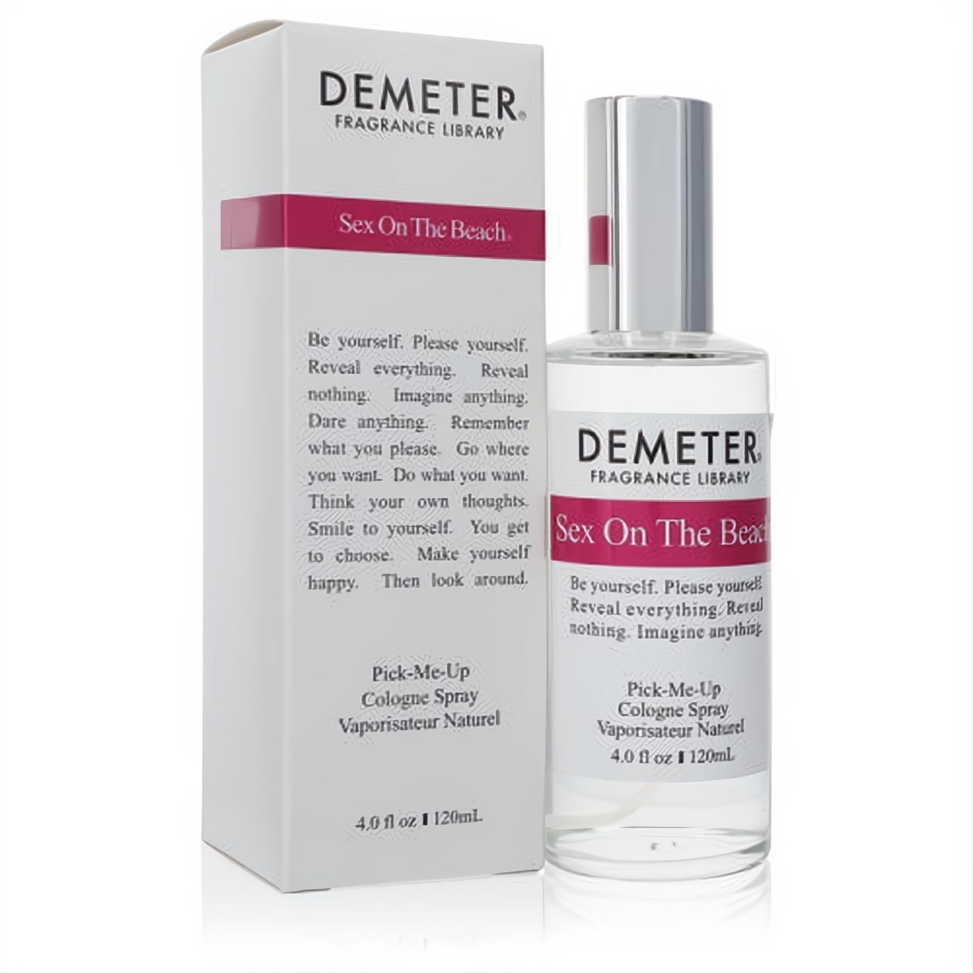 Demeter Sex On The Beach 4 oz cologne spray. Clear glass bottle, silver cap, and modern white box with pink label.