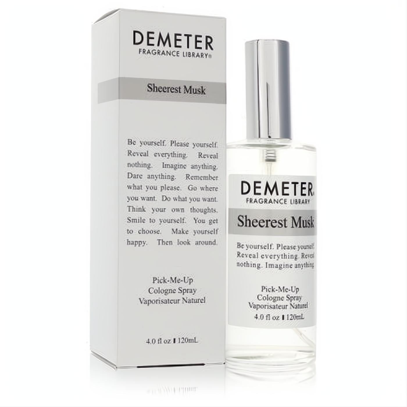 Elegant Demeter Sheerest Musk 4 oz unisex cologne spray in a sleek clear glass bottle with silver cap, beside its minimalist white box.