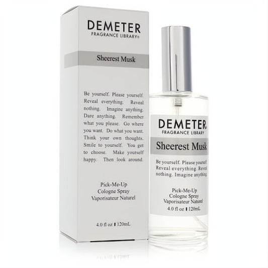 Elegant Demeter Sheerest Musk 4 oz unisex cologne spray in a sleek clear glass bottle with silver cap, beside its minimalist white box.