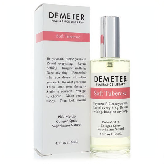 Seductive Demeter Soft Tuberose 4 oz cologne spray. Clear glass bottle, silver cap, pink label, and matching white box.