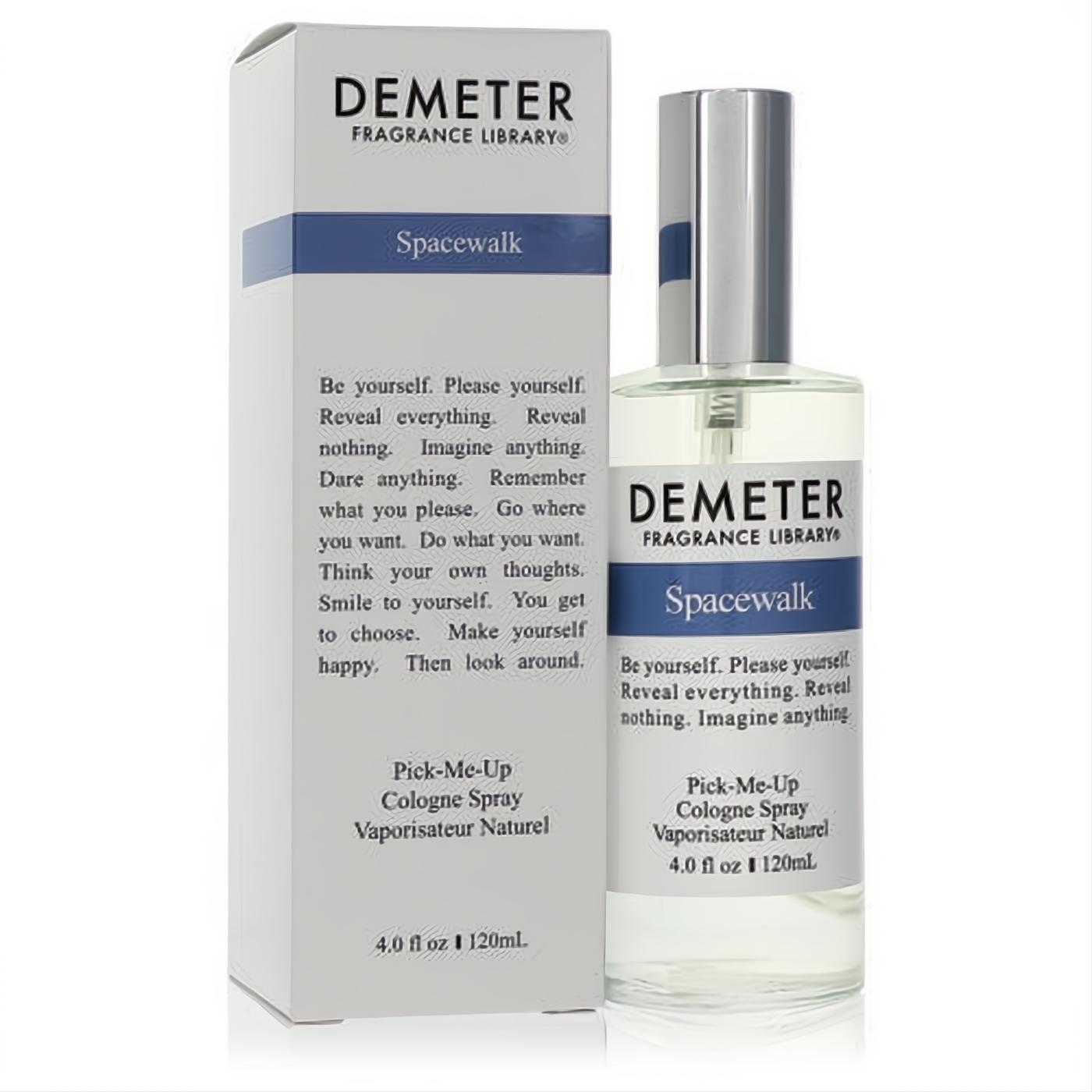 Captivating Demeter Spacewalk 4 oz unisex cologne spray in a sleek clear glass bottle with silver cap and matching white box.