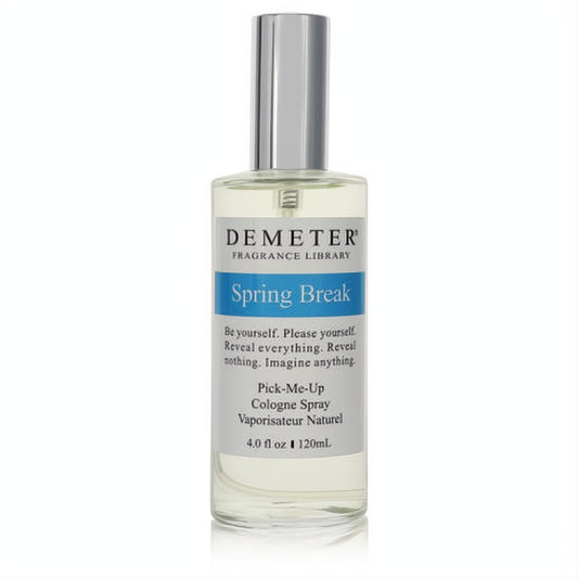 Demeter Spring Break 4 oz women's cologne spray. Clear glass bottle with a sleek silver cap and vibrant blue "Spring Break" label.