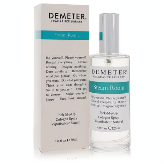Demeter Steam Room 4 oz cologne spray. Clear glass bottle with silver cap and vibrant teal label, beside its crisp white box.