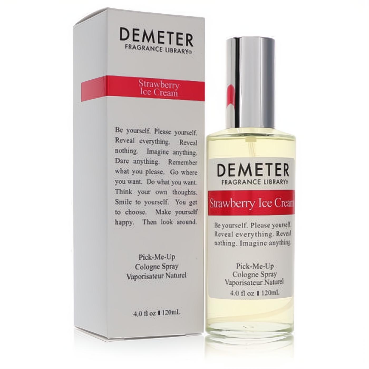 Indulge in Demeter Strawberry Ice Cream 4 oz cologne spray. Clear glass bottle with silver cap and elegant white box featuring a bold red label.