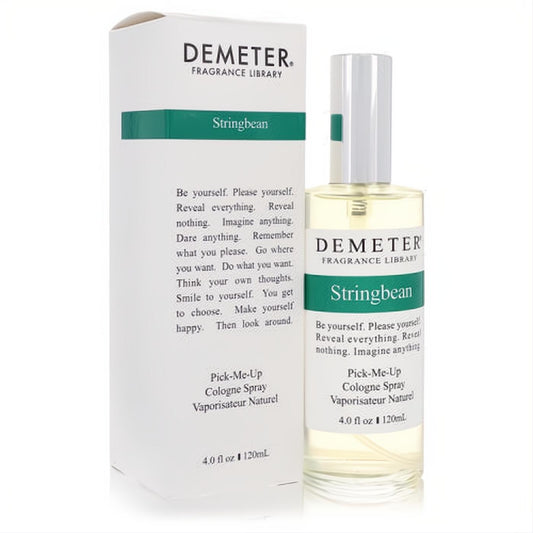 Fresh Demeter String Bean 4 oz unisex cologne spray: clear glass bottle with light yellow liquid and sleek white box with green branding.