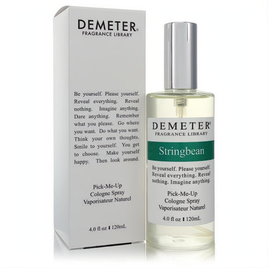 Demeter String Bean 4 oz unisex cologne spray, a clear bottle with silver cap and vibrant green label, beside its elegant white box.