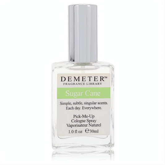Demeter Sugar Cane 1 oz cologne in a minimalist clear glass bottle with a sleek silver cap and vibrant green label.