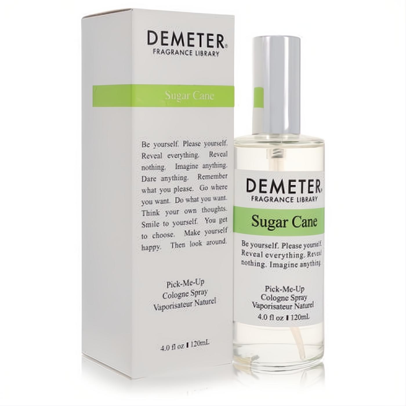 Sweet Demeter Sugar Cane 4 oz cologne spray in a clear glass bottle with a silver cap and fresh white-green label, beside its matching box.