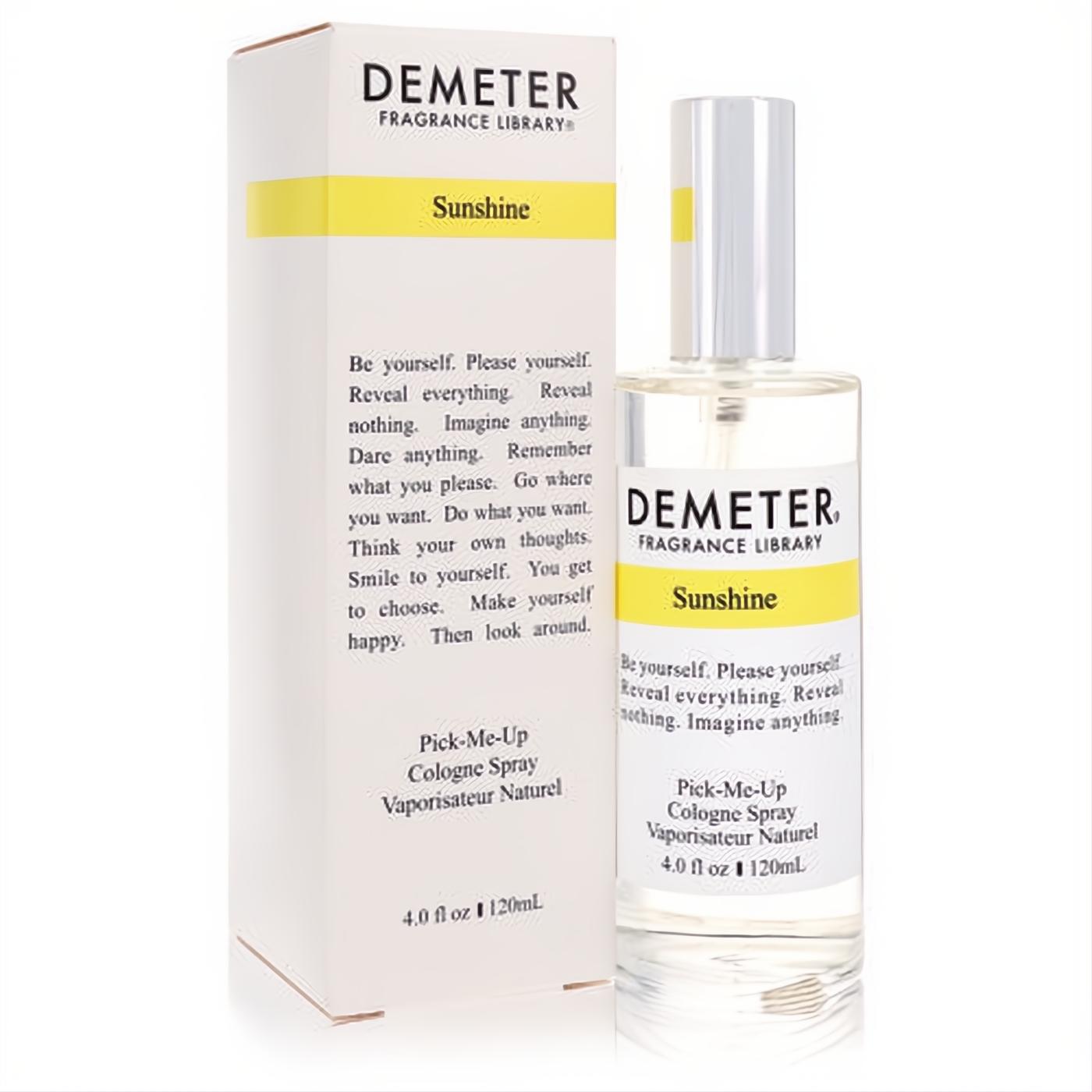 Brighten your day with Demeter Sunshine 4 oz cologne spray. Clear glass bottle, vibrant yellow label, sleek silver cap.