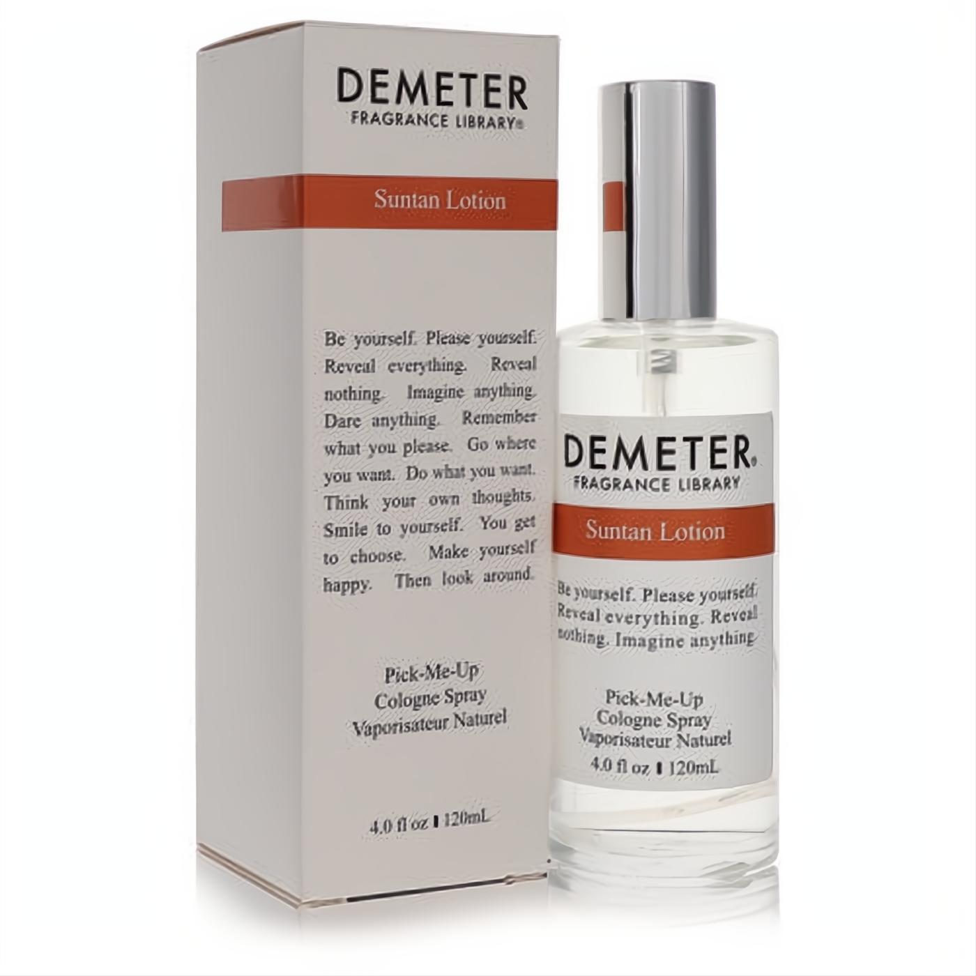 Demeter Suntan Lotion 4 oz cologne spray: clear glass bottle with sleek silver cap, paired with its elegant white and brown fragrance box.
