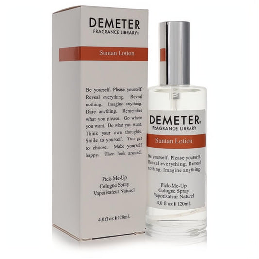 Demeter Suntan Lotion 4 oz cologne spray: clear glass bottle with sleek silver cap, paired with its elegant white and brown fragrance box.