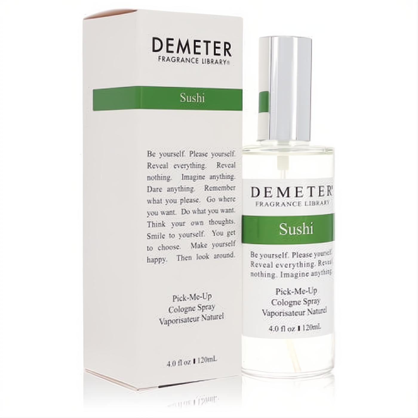 Unbox Demeter Sushi 4 oz cologne spray: clear glass bottle, silver cap, and stylish white box with green label.