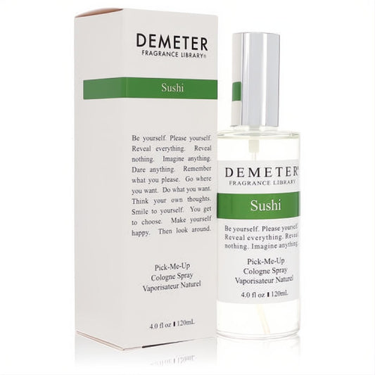 Unbox Demeter Sushi 4 oz cologne spray: clear glass bottle, silver cap, and stylish white box with green label.