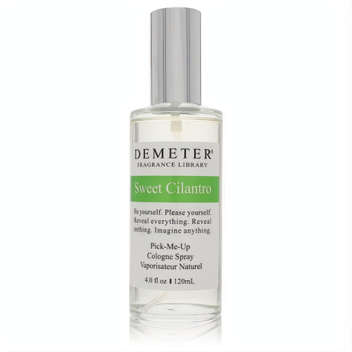 Demeter Sweet Cilantro 4 oz unisex cologne spray. Clear glass bottle, vibrant green label, and sleek silver cap.