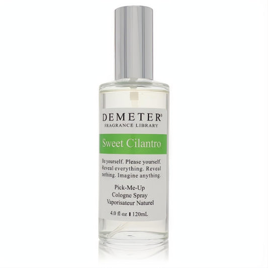Demeter Sweet Cilantro 4 oz unisex cologne spray. Clear glass bottle, vibrant green label, and sleek silver cap.