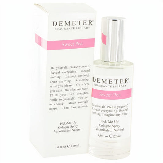 Demeter Sweet Pea 4 oz cologne spray. Clear glass bottle with a silver cap and a vibrant pink label, next to its white box.