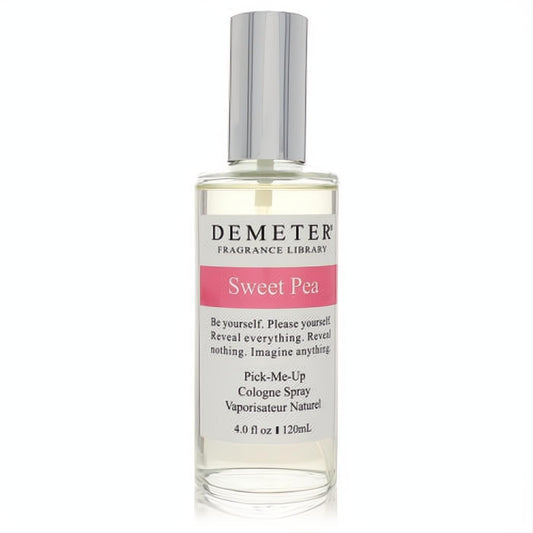 Demeter Sweet Pea 4 oz women's cologne spray. Clear glass bottle, sleek silver cap, and a vibrant pink label.