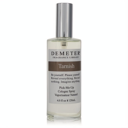 Demeter Tarnish 4 oz unisex cologne spray. Clear glass bottle, shiny silver cap, and unique brown "Tarnish" label. Relive cherished memories.