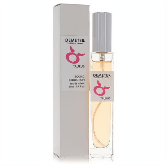 Elegant Demeter Taurus 1.7 oz EDT spray. Clear glass bottle with amber liquid, silver cap, and pink zodiac symbol.