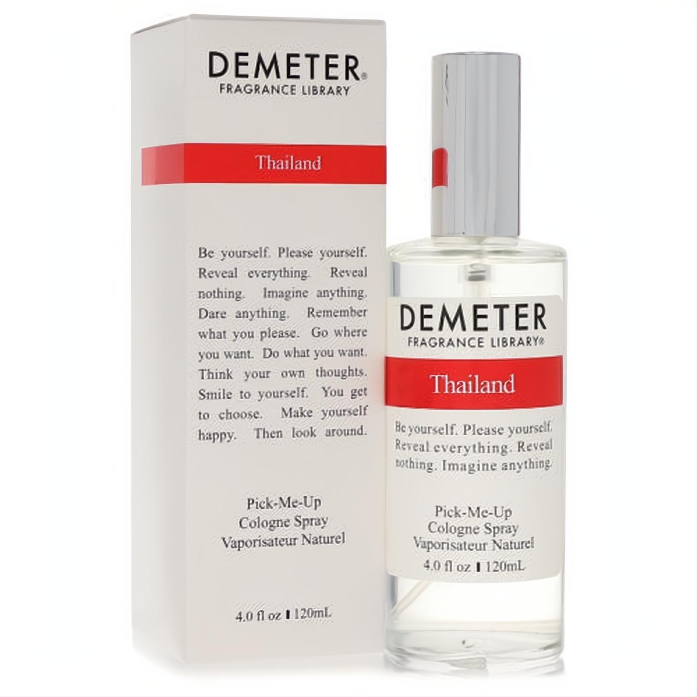 Demeter Thailand 4 oz cologne spray. Clear glass bottle with silver cap, red accent, and sleek white box with red stripe.