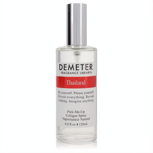 Demeter Thailand 4 oz fragrance spray: clear glass bottle, sleek silver cap, and a vibrant red "Thailand" label.