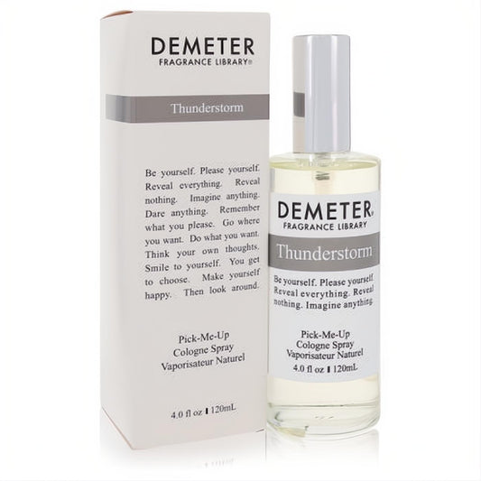 Demeter Thunderstorm 4 oz cologne spray in a sleek clear glass bottle with silver cap, presented with its elegant white box.