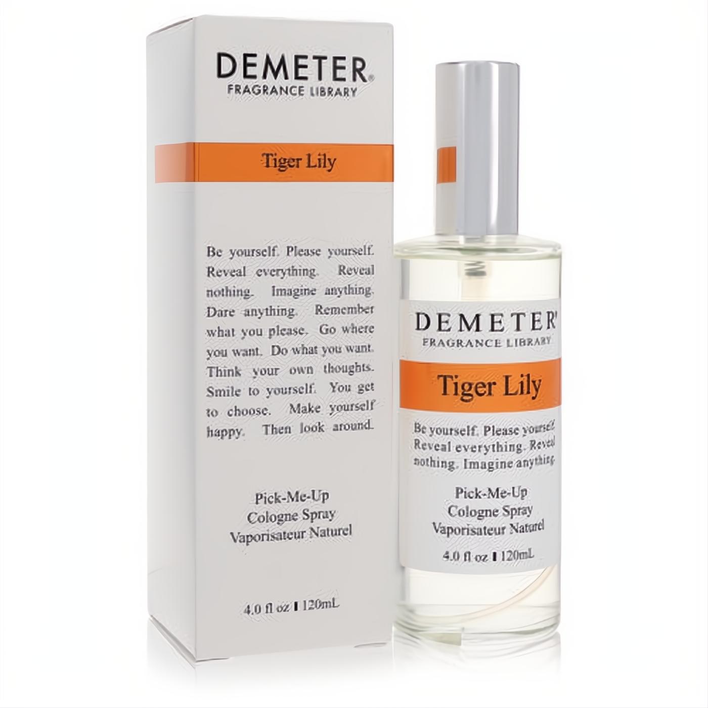 Discover Demeter Tiger Lily 4 oz cologne spray: clear glass bottle, silver cap, white/orange label, and matching box.